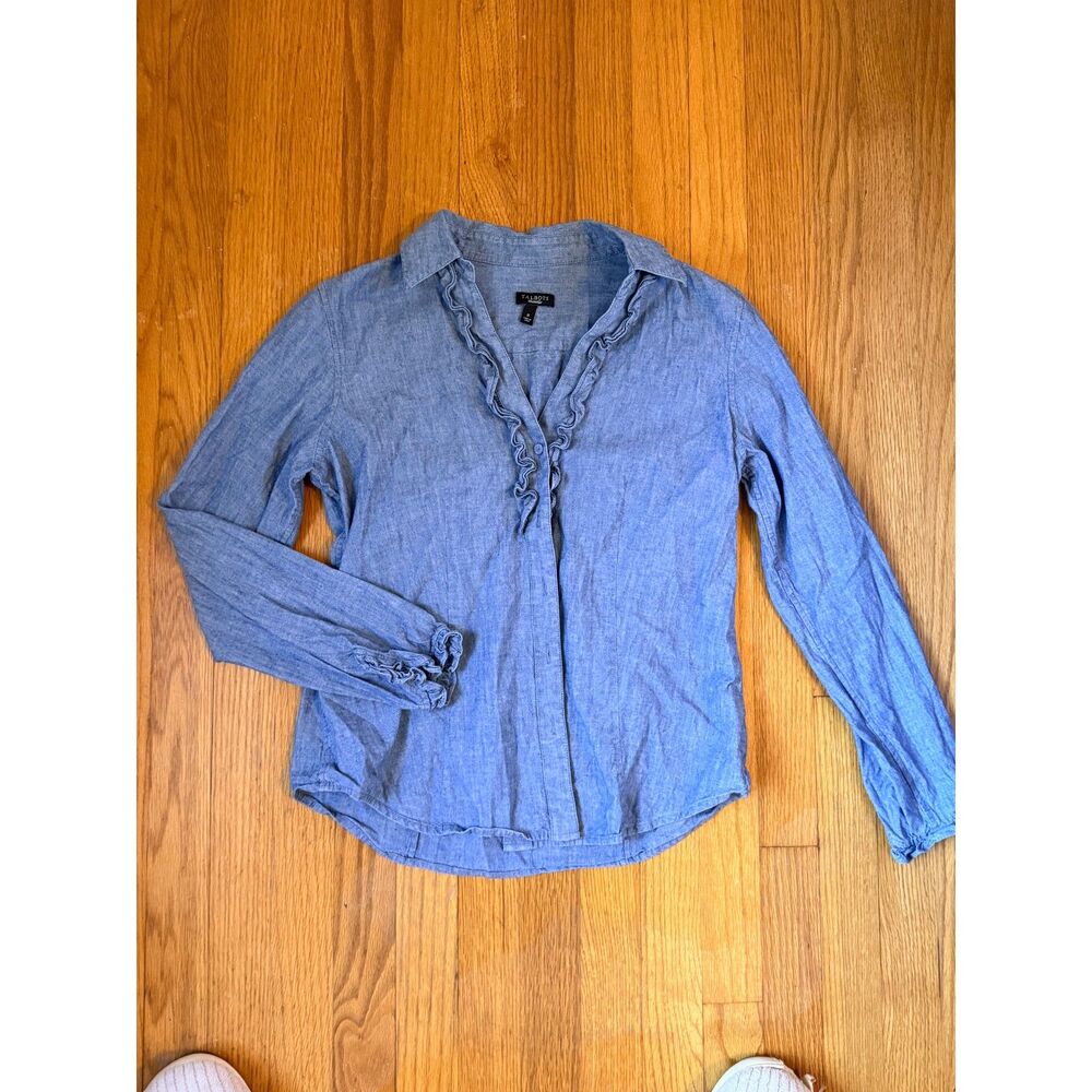 Talbots Blue Chambray Ruffle Front Button-Down Blouse Size 8